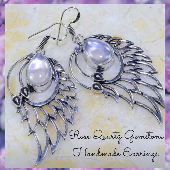 Rose Quartz Gemstone Angel Wings Dangle Earrings - Picture 1 of 3